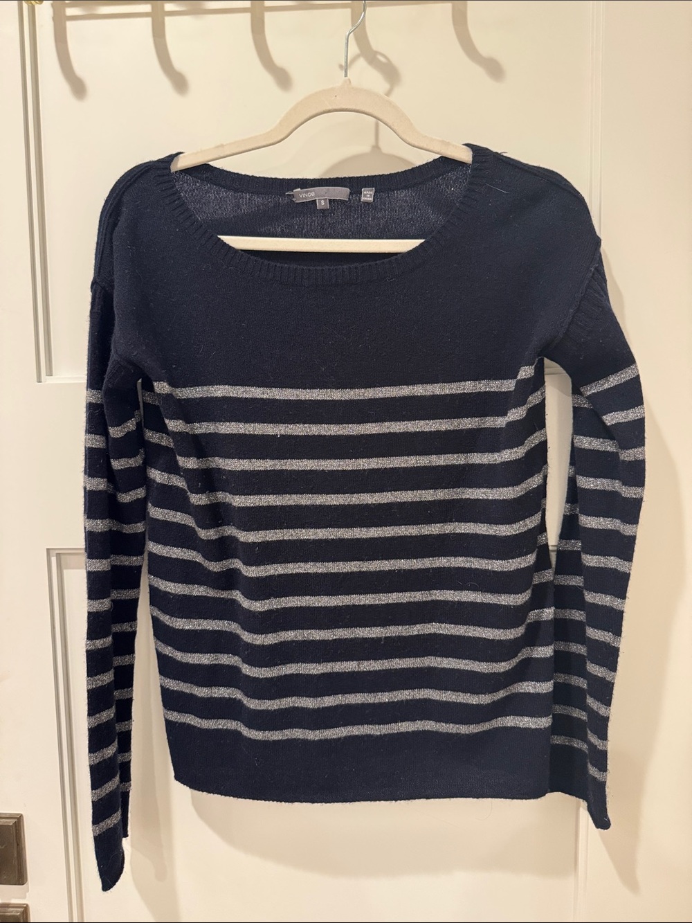 Vince Navy Silver Metallic Stripe Knit Sweater Boatneck Size Small